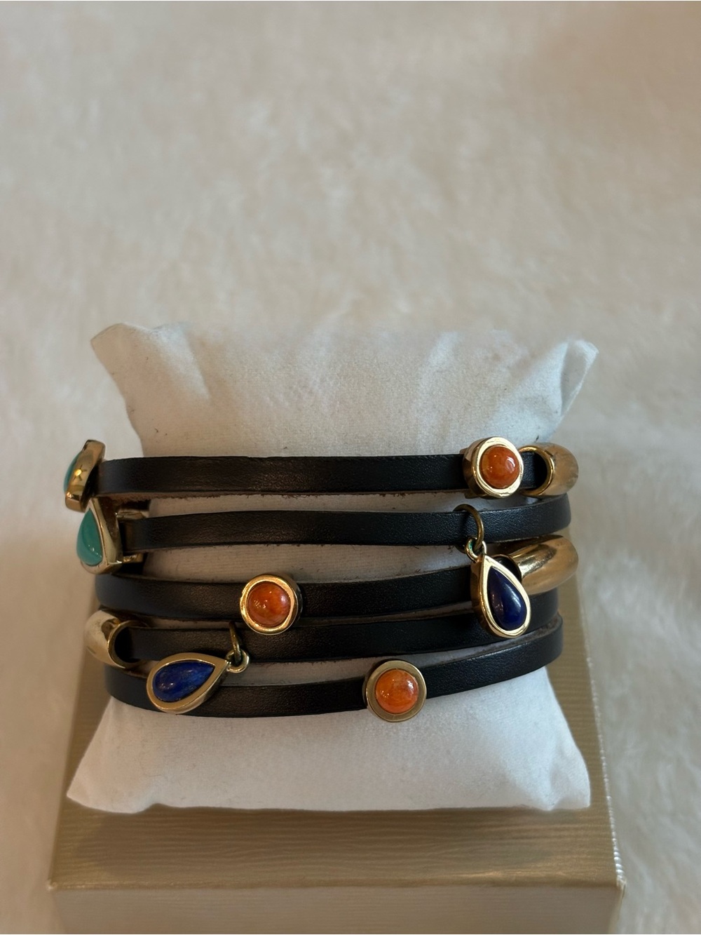 Studio Barse Black Leather Wrap Bracelet with Blue, Orange & Teal Accents